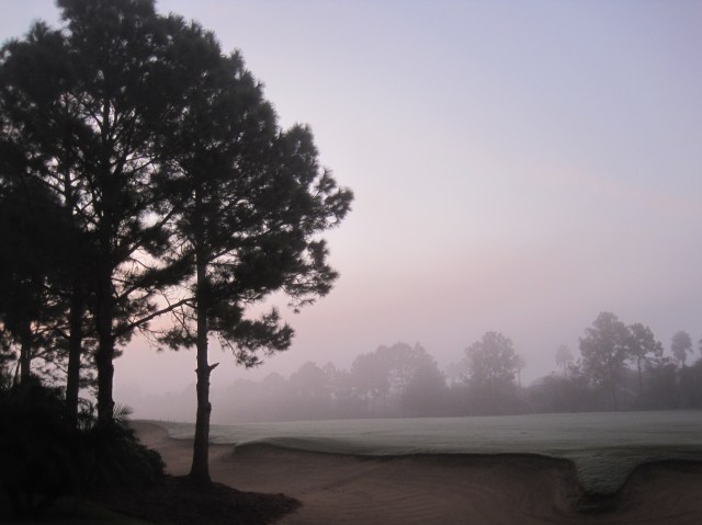 A misty, dewy morning on the golf course at the back of Florida Breeze Villa, our Florida home.