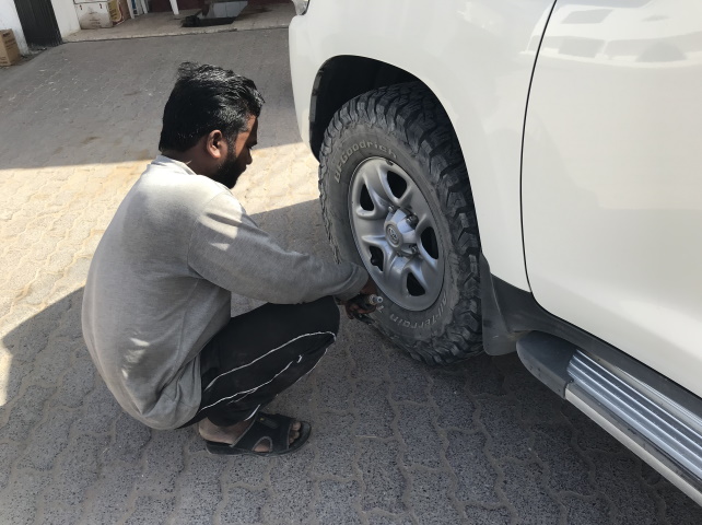 Letting down the tyres for the desert
